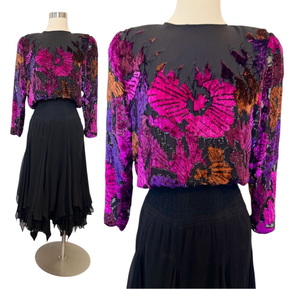 Vintage Diane Freis Limited Edition Silky Chiffon Velvet Burnout Ruffle Dress 🔥 - Picture 9 of 11